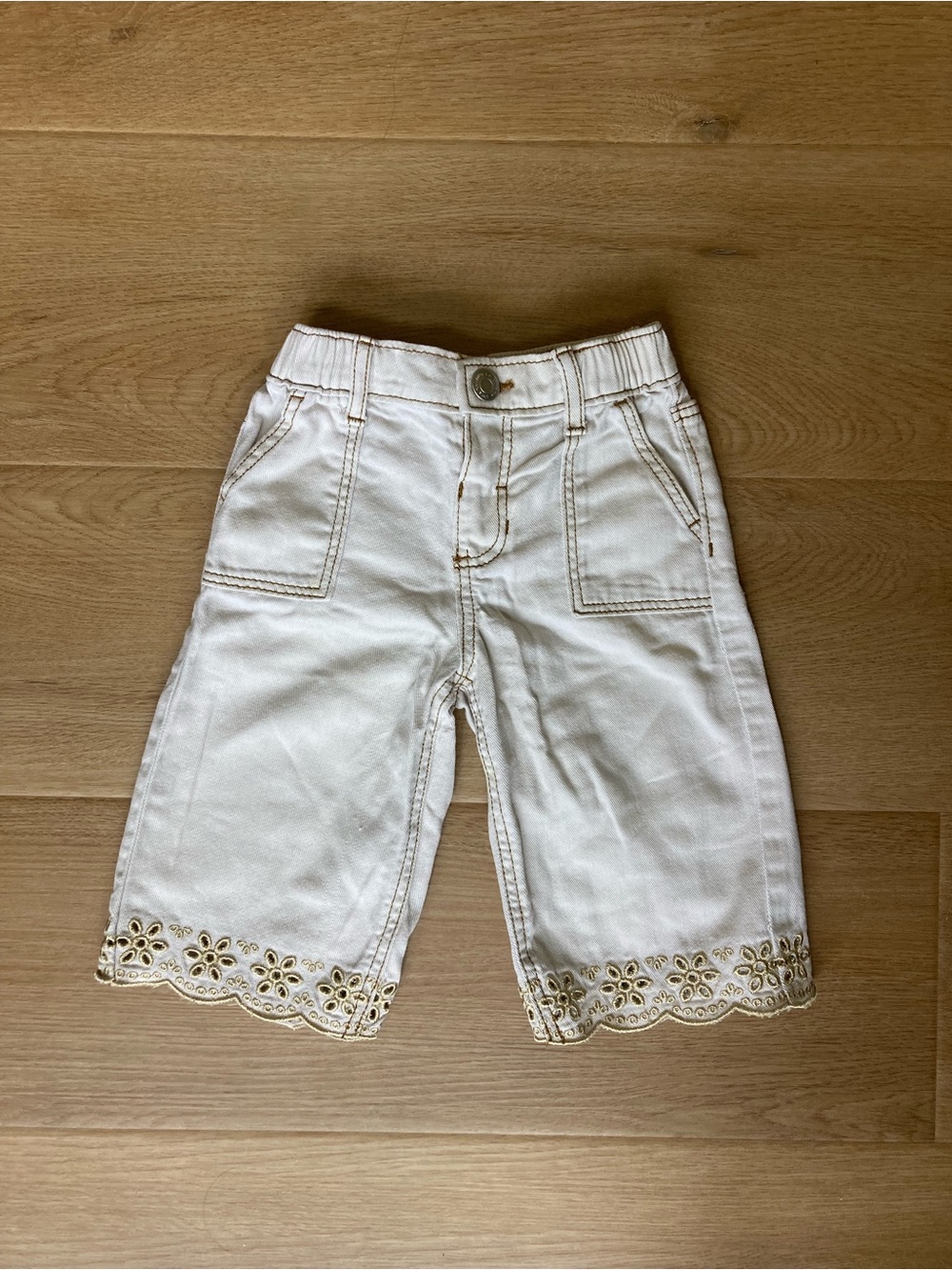 Baby Girl Cream Embroidered Eyelet Hem Wide Leg Jeans